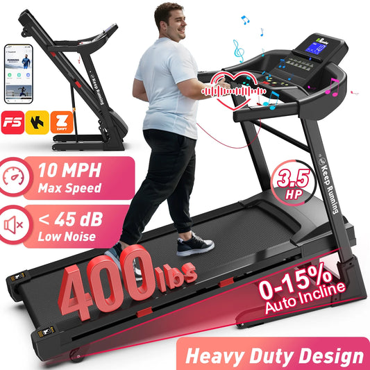 350LBS Capacity 15% Incline Electric Folding Treadmill, 3.5HP 10MPH Bluetooth Heart Rate Sensor